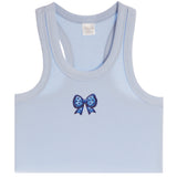 A light blue ribbed tank top with a small blue bow graphic on the chest, displayed flat against a white background.