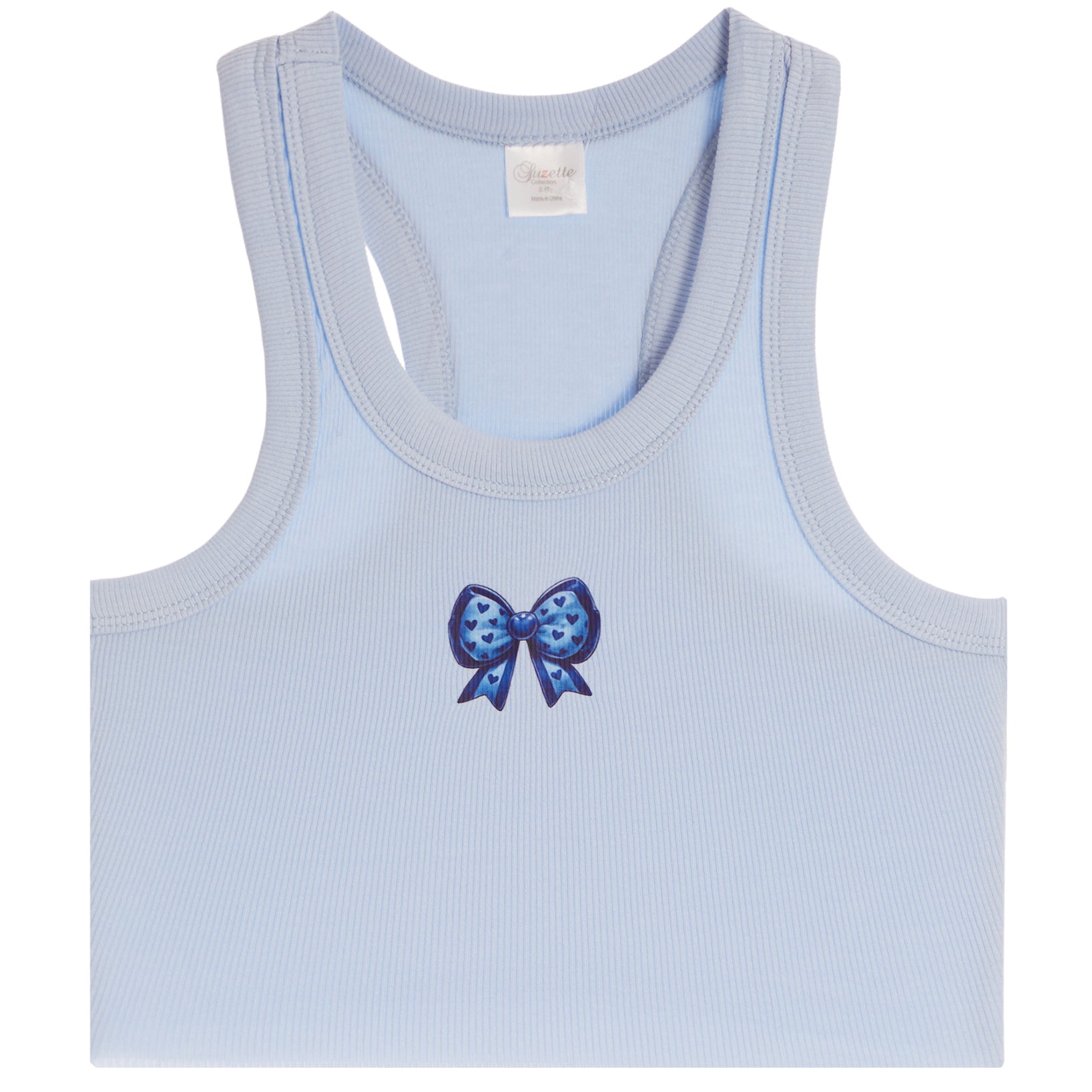 A light blue ribbed tank top with a small blue bow graphic on the chest, displayed flat against a white background.