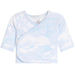 Baby long-sleeve wrap top in a light blue and white camouflage pattern, featuring a snap-button closure and a V-neck collar.