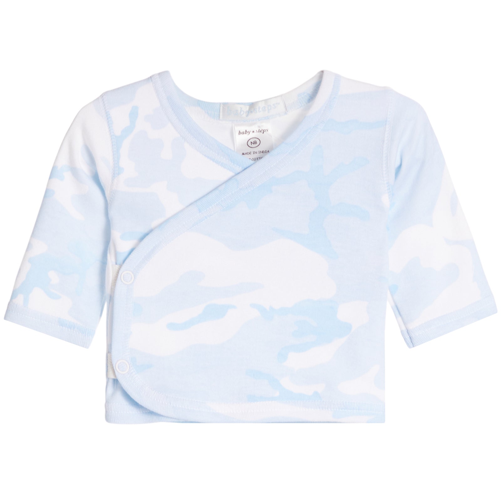 Baby long-sleeve wrap top in a light blue and white camouflage pattern, featuring a snap-button closure and a V-neck collar.