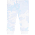White and light blue camouflage patterned baby leggings with white ribbed cuffs.