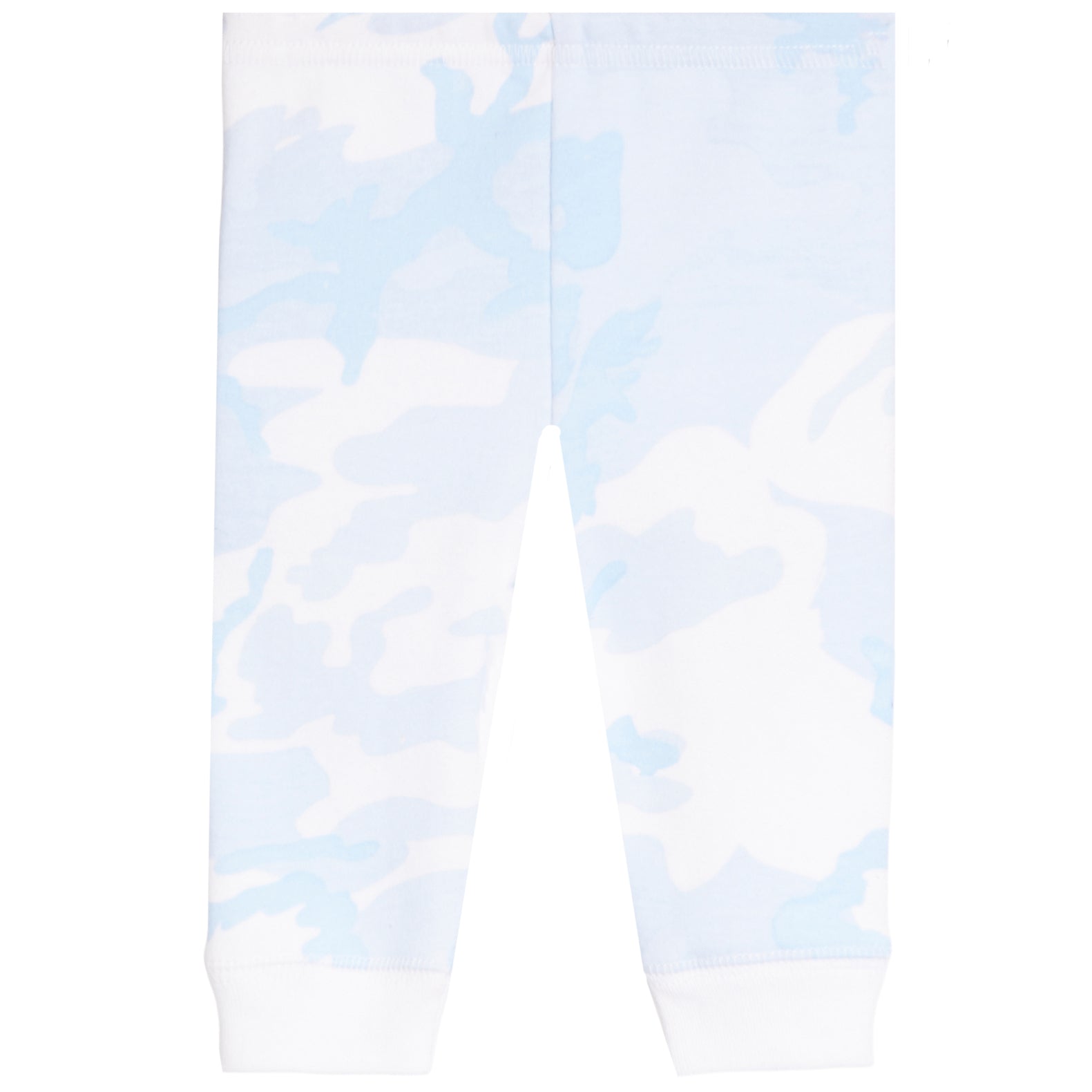 White and light blue camouflage patterned baby leggings with white ribbed cuffs.