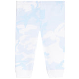 White and light blue camouflage patterned baby leggings with white ribbed cuffs.