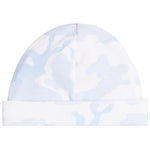 A knit beanie hat featuring a light blue and white camouflage pattern, shown flat against a solid white background.