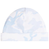 A knit beanie hat featuring a light blue and white camouflage pattern, shown flat against a solid white background.