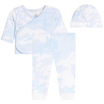 A baby clothing set featuring a light blue and white camouflage print, including a long-sleeve wrap top, matching pants, and a knit hat, displayed on a clean white background.