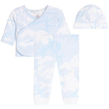 A baby clothing set featuring a light blue and white camouflage print, including a long-sleeve wrap top, matching pants, and a knit hat, displayed on a clean white background.