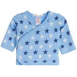 A light blue baby wrap blanket with an all-over navy and white star pattern, featuring a V-neck and snap-button closure.