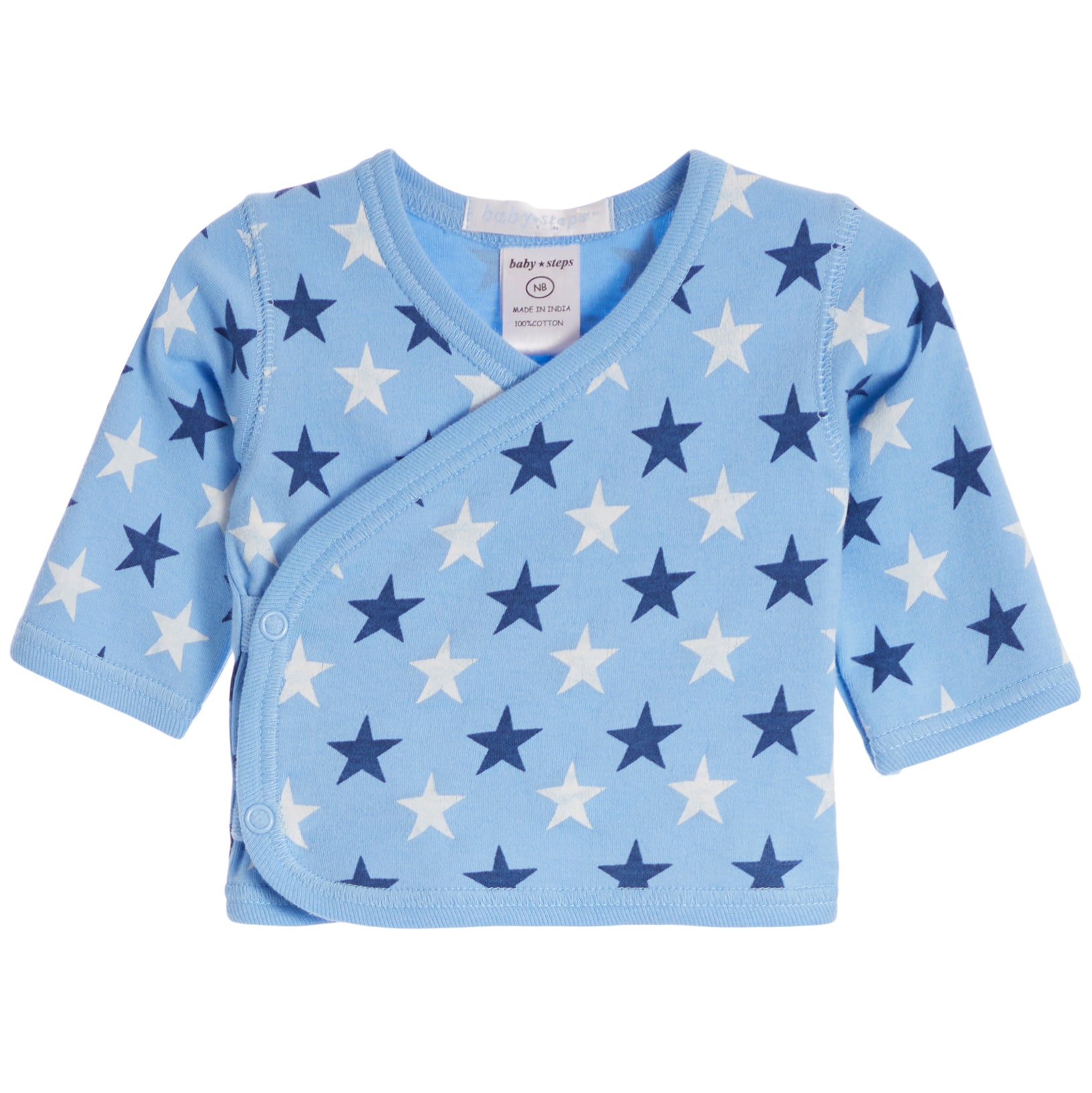 A light blue baby wrap blanket with an all-over navy and white star pattern, featuring a V-neck and snap-button closure.