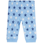 Light blue baby leggings with an all-over star pattern in navy blue and white, featuring ribbed cuffed ankles.