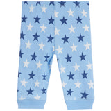 Light blue baby leggings with an all-over star pattern in navy blue and white, featuring ribbed cuffed ankles.