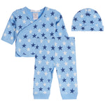 A baby sleepwear set including a light blue long-sleeve wrap sleeper, matching pants, and a beanie, all featuring an all-over star pattern in navy blue and white.