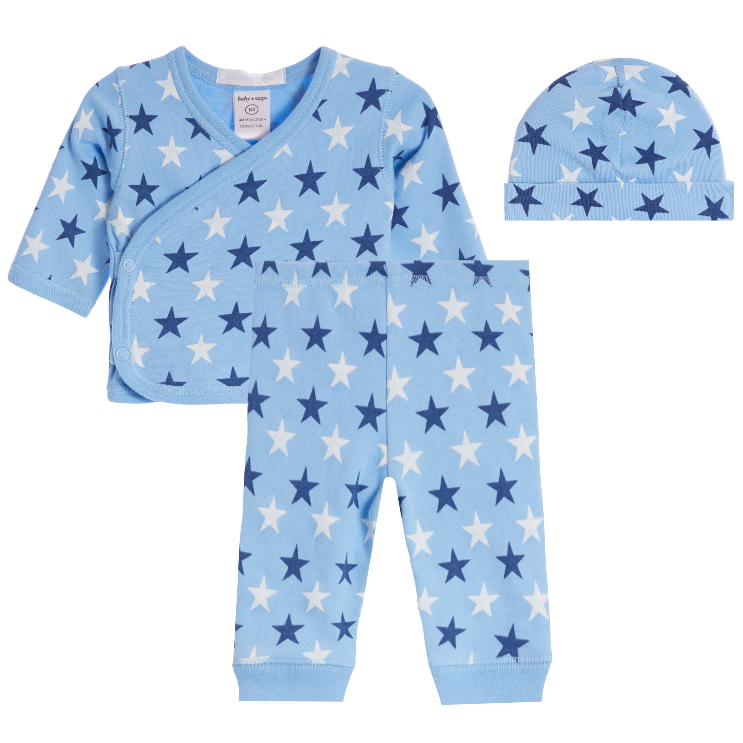 A baby sleepwear set including a light blue long-sleeve wrap sleeper, matching pants, and a beanie, all featuring an all-over star pattern in navy blue and white.