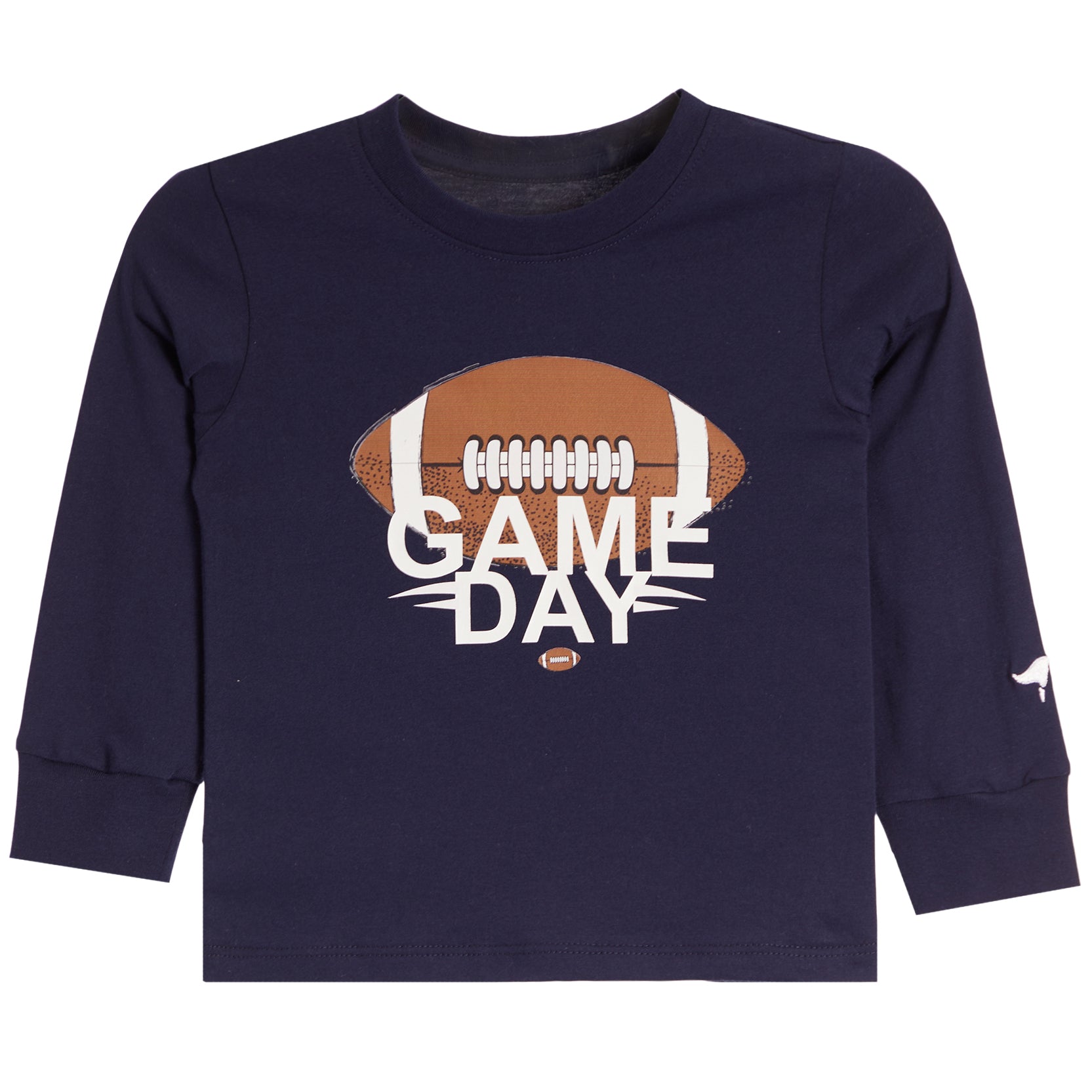 A toddler's long-sleeve navy blue t-shirt featuring a football graphic with the text 'GAME DAY' in white. A small white Puma logo is visible on the left sleeve.