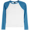 A raglan-style long-sleeve shirt with a white body and blue sleeves, shown flat against a plain white background.