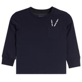 A navy blue long-sleeve crewneck shirt with a chest pocket featuring two white-and-black patterned pencils, shown against a plain white background.