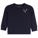 A navy blue long-sleeve crewneck shirt with a chest pocket featuring two white-and-black patterned pencils, shown against a plain white background.