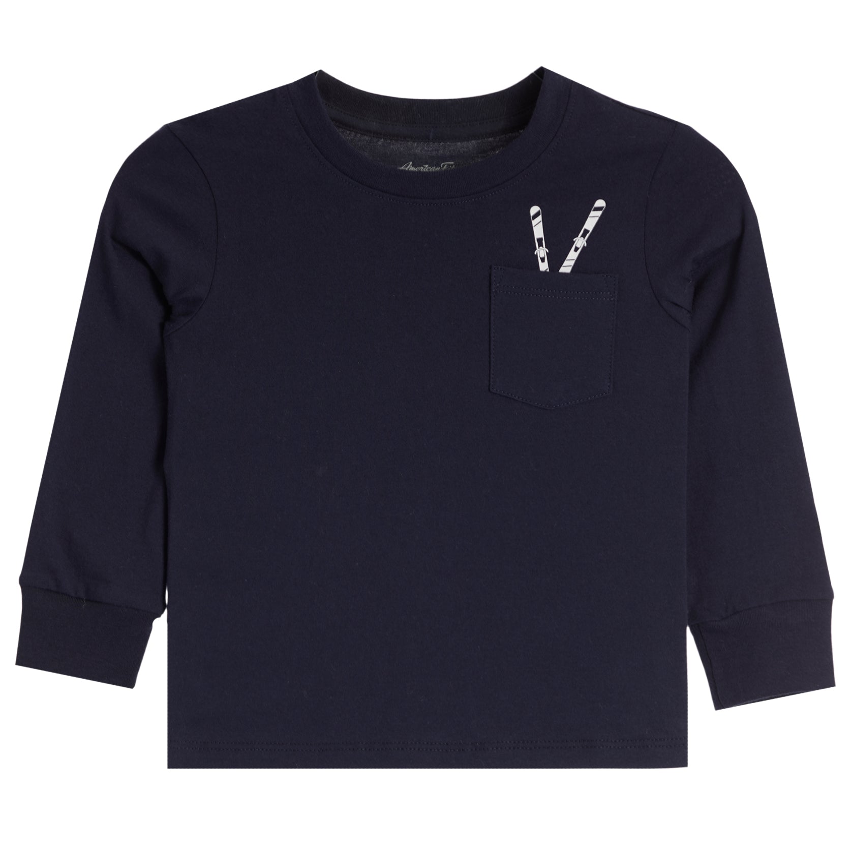A navy blue long-sleeve crewneck shirt with a chest pocket featuring two white-and-black patterned pencils, shown against a plain white background.