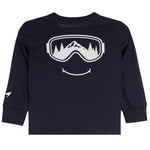 A toddler's long-sleeve t-shirt in navy blue, featuring a white graphic of ski goggles with a mountain and pine tree reflection, and a smiley face below.