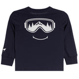 A toddler's long-sleeve t-shirt in navy blue, featuring a white graphic of ski goggles with a mountain and pine tree reflection, and a smiley face below.