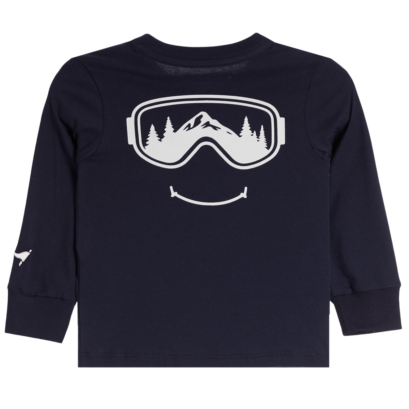 A toddler's long-sleeve t-shirt in navy blue, featuring a white graphic of ski goggles with a mountain and pine tree reflection, and a smiley face below.