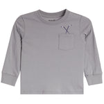 A light gray long-sleeve crewneck shirt with a chest pocket and a small embroidered crossed golf clubs graphic on the pocket.