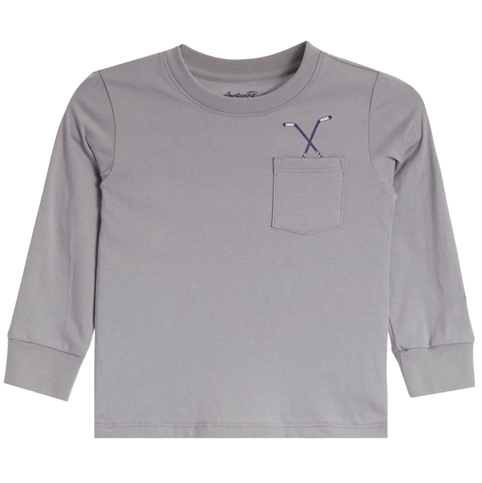 A light gray long-sleeve crewneck shirt with a chest pocket and a small embroidered crossed golf clubs graphic on the pocket.