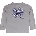 A toddler's long-sleeve gray t-shirt featuring a graphic print of three hockey players in blue and white on the back.