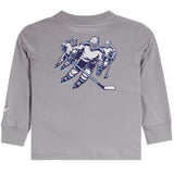 A toddler's long-sleeve gray t-shirt featuring a graphic print of three hockey players in blue and white on the back.
