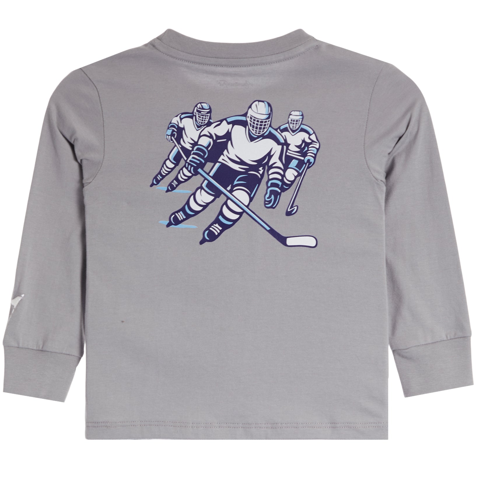 A toddler's long-sleeve gray t-shirt featuring a graphic print of three hockey players in blue and white on the back.