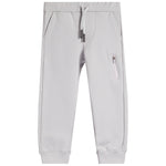 Light gray jogger sweatpants with an elastic waistband, drawstring, side pockets, and a zippered pocket on the left thigh, shown against a plain white background.