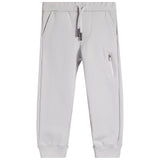 Light gray jogger sweatpants with an elastic waistband, drawstring, side pockets, and a zippered pocket on the left thigh, shown against a plain white background.