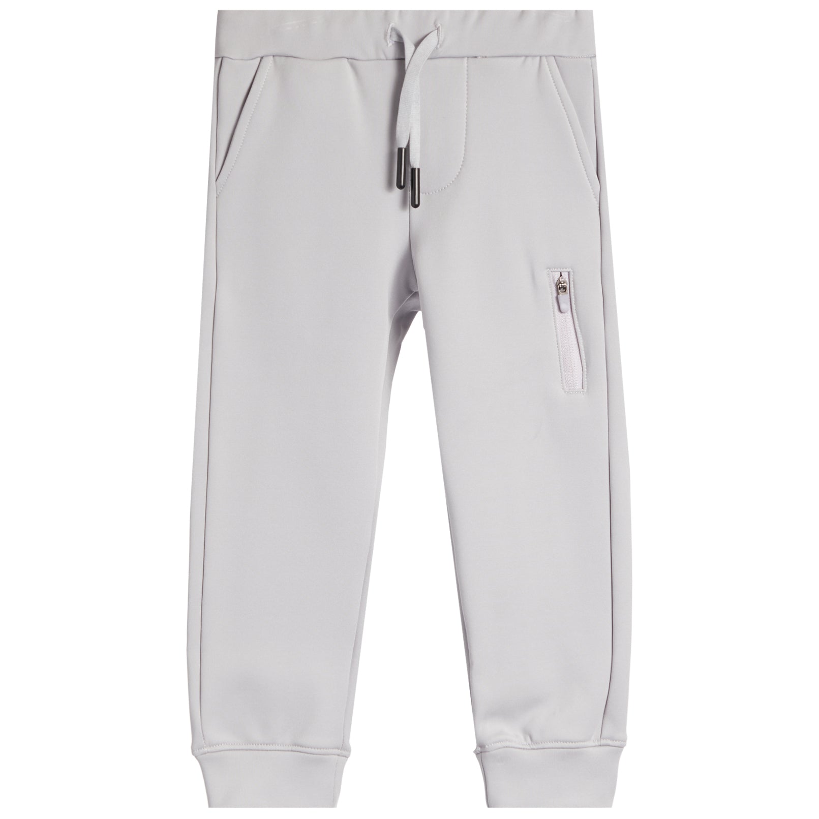 Light gray jogger sweatpants with an elastic waistband, drawstring, side pockets, and a zippered pocket on the left thigh, shown against a plain white background.