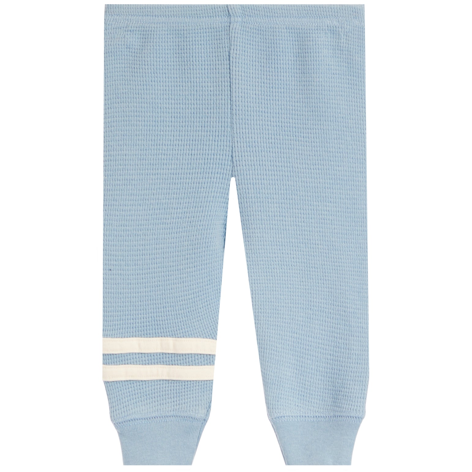 Light blue waffle-knit jogger pants with ribbed cuffs and two horizontal cream stripes near the lower left leg, shown flat against a white background.