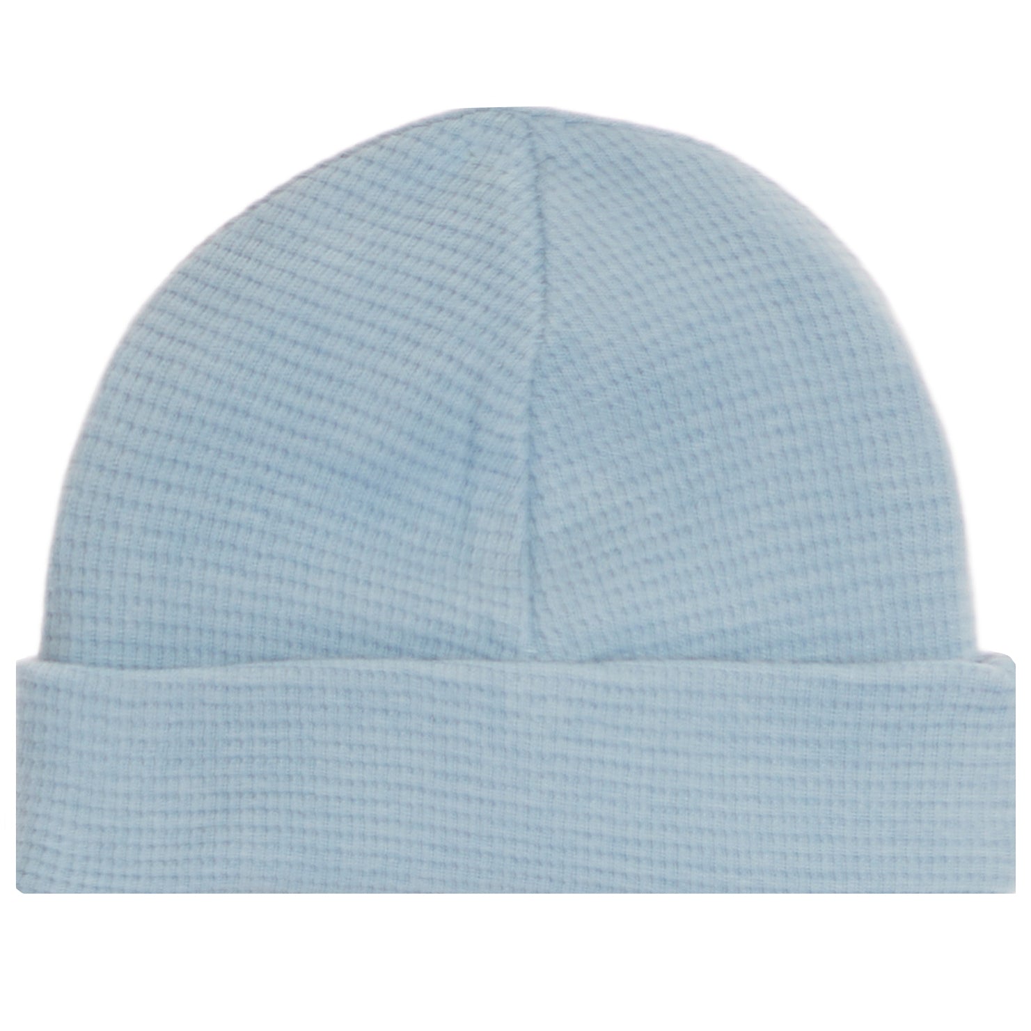 A light blue waffle-knit beanie hat with a folded cuff, shown against a plain white background.