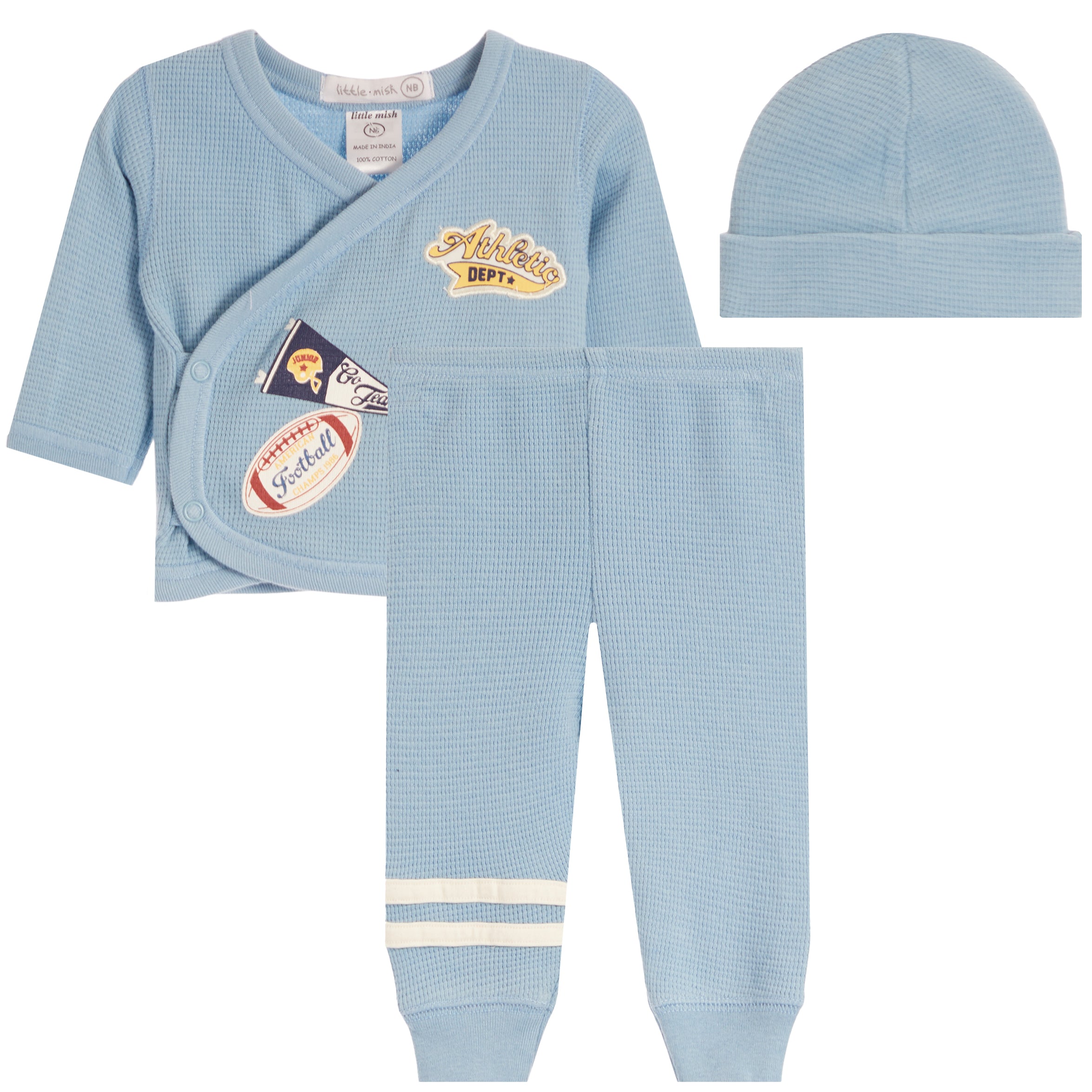 A three-piece baby outfit set in light blue waffle-knit fabric, including a long-sleeve wrap top with sports patch details, matching jogger pants with white stripes, and a matching beanie hat, displayed on a clean white background.