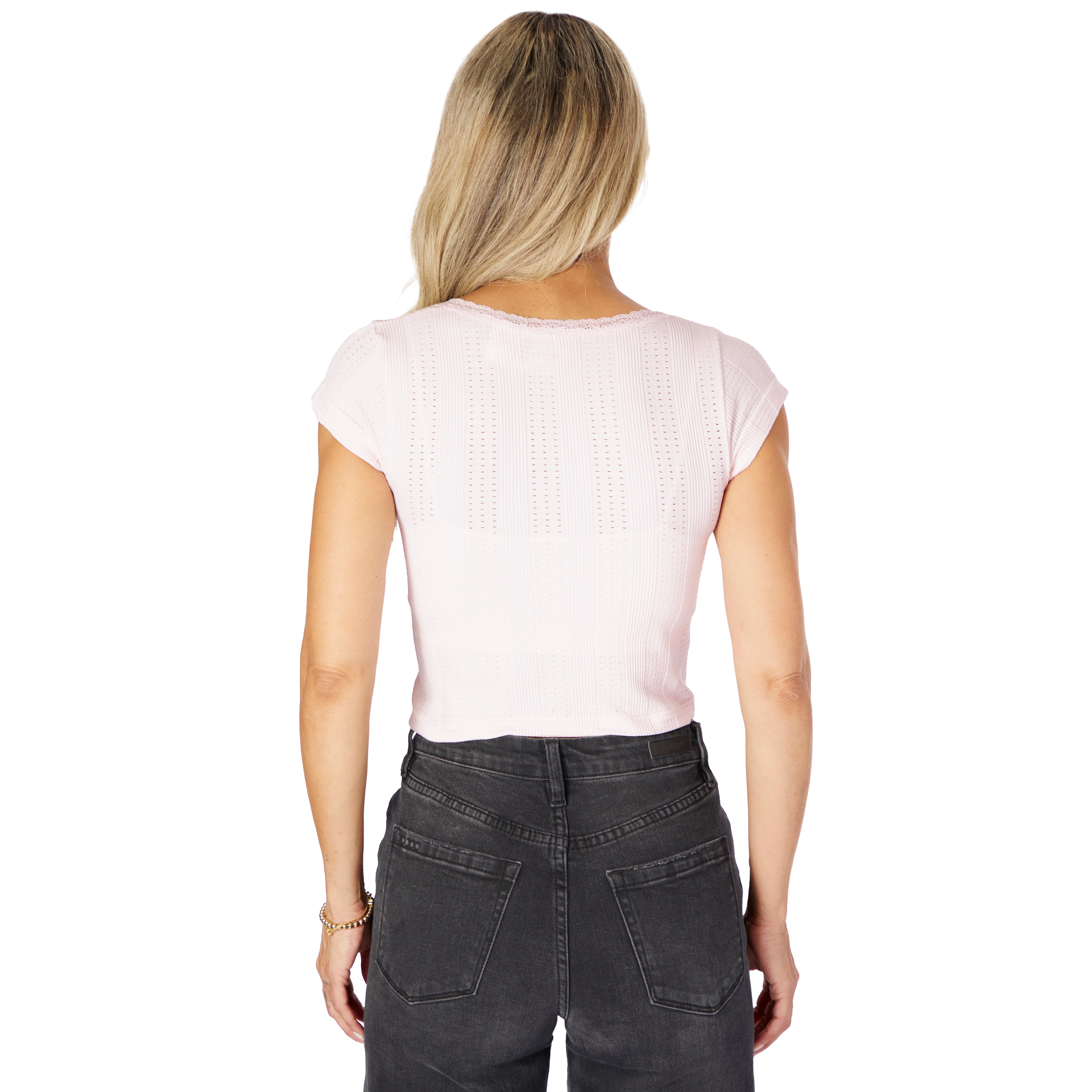 Lace Pointelle Ribbed Cap Sleeve Tee - Denny's