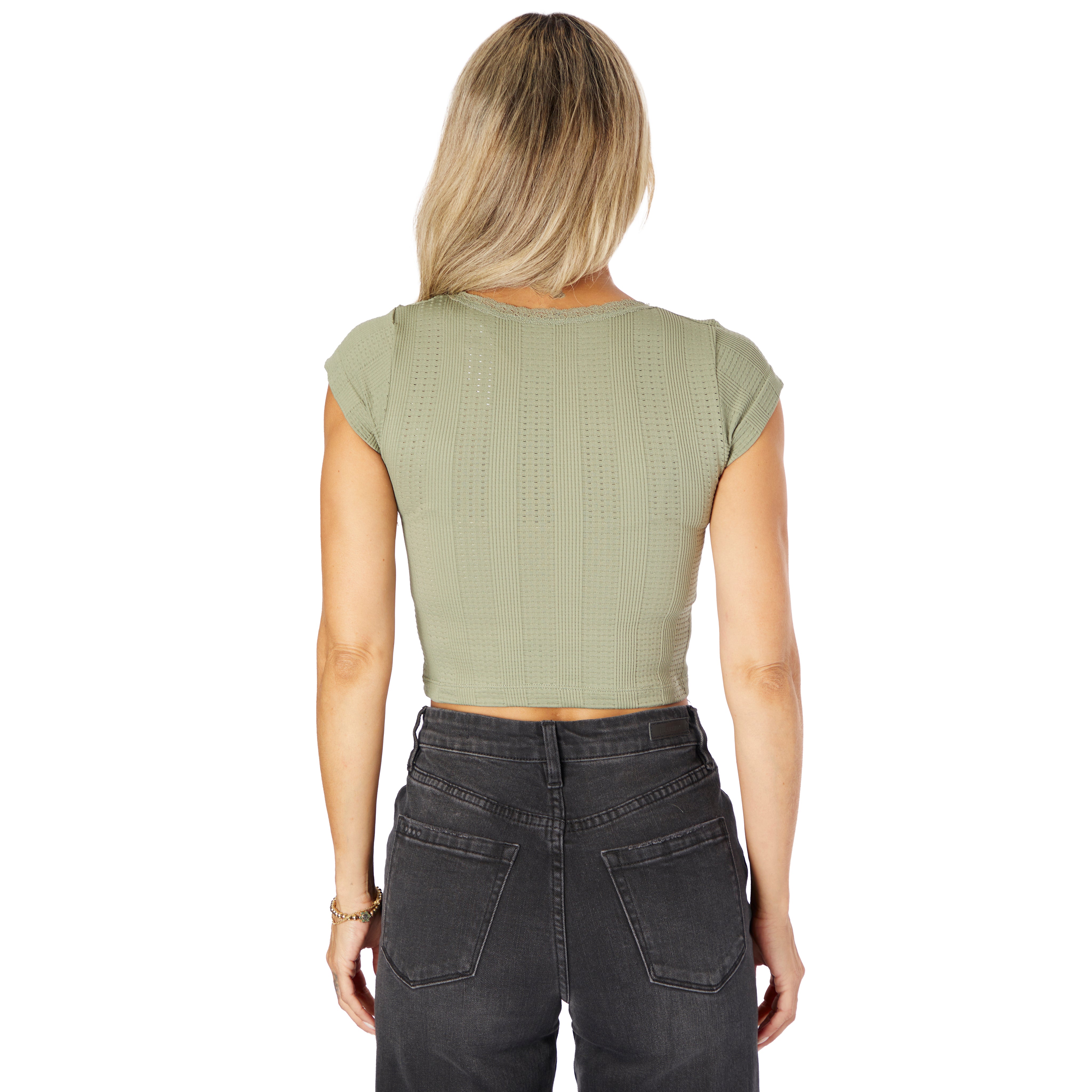 Lace Pointelle Ribbed Cap Sleeve Tee - Denny's