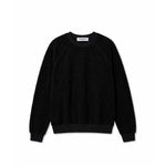 A black crewneck sweatshirt with raglan sleeves, laid flat against a solid white background.