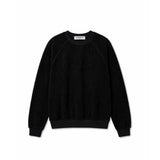 A black crewneck sweatshirt with raglan sleeves, laid flat against a solid white background.