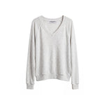 A light gray heathered long-sleeve V-neck sweatshirt with raglan sleeves, shown flat against a solid white background.