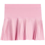 A pink pleated tennis skirt with a wide, solid waistband, shown flat against a white background.