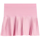 A pink pleated tennis skirt with a wide, solid waistband, shown flat against a white background.