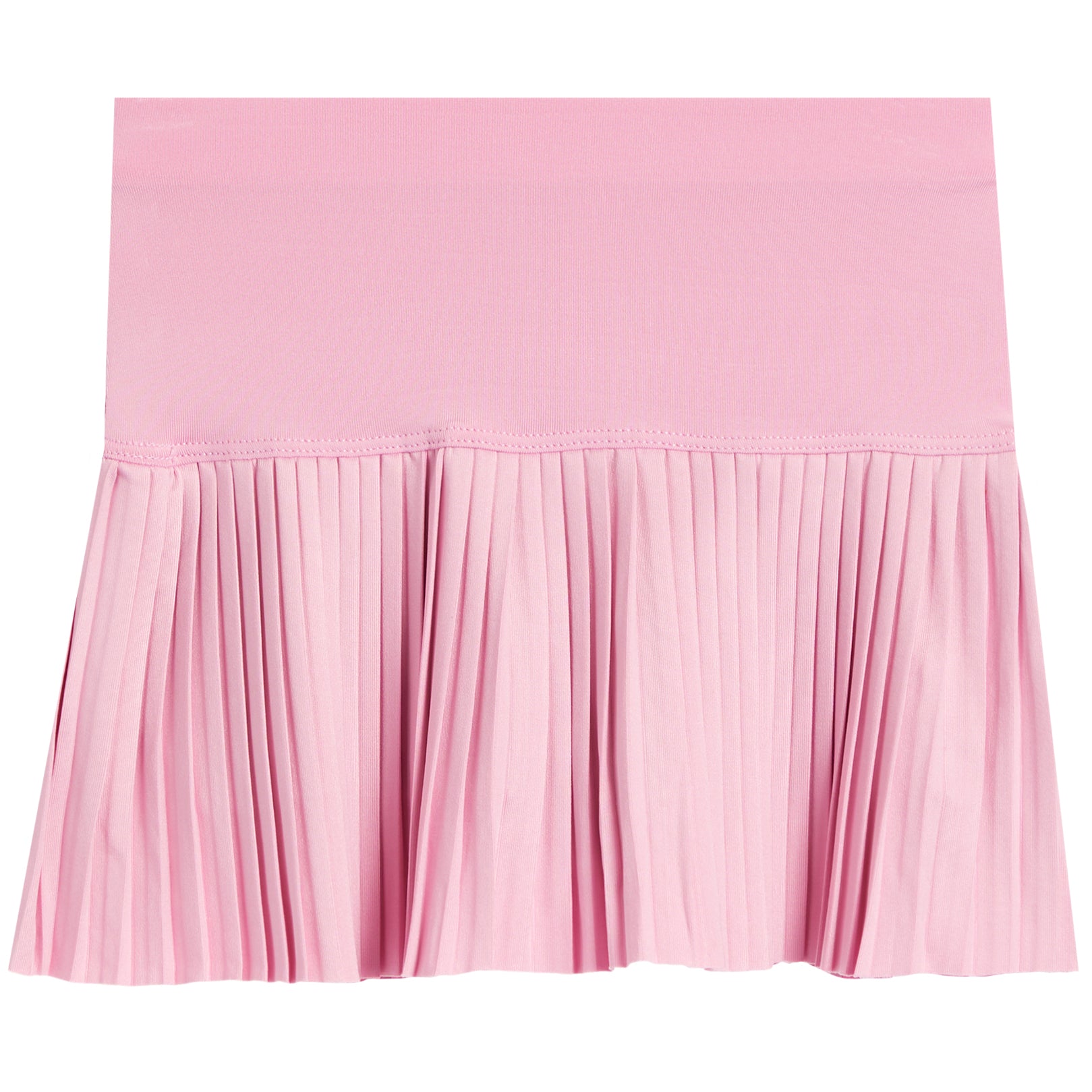 A pink pleated tennis skirt with a wide, solid waistband, shown flat against a white background.