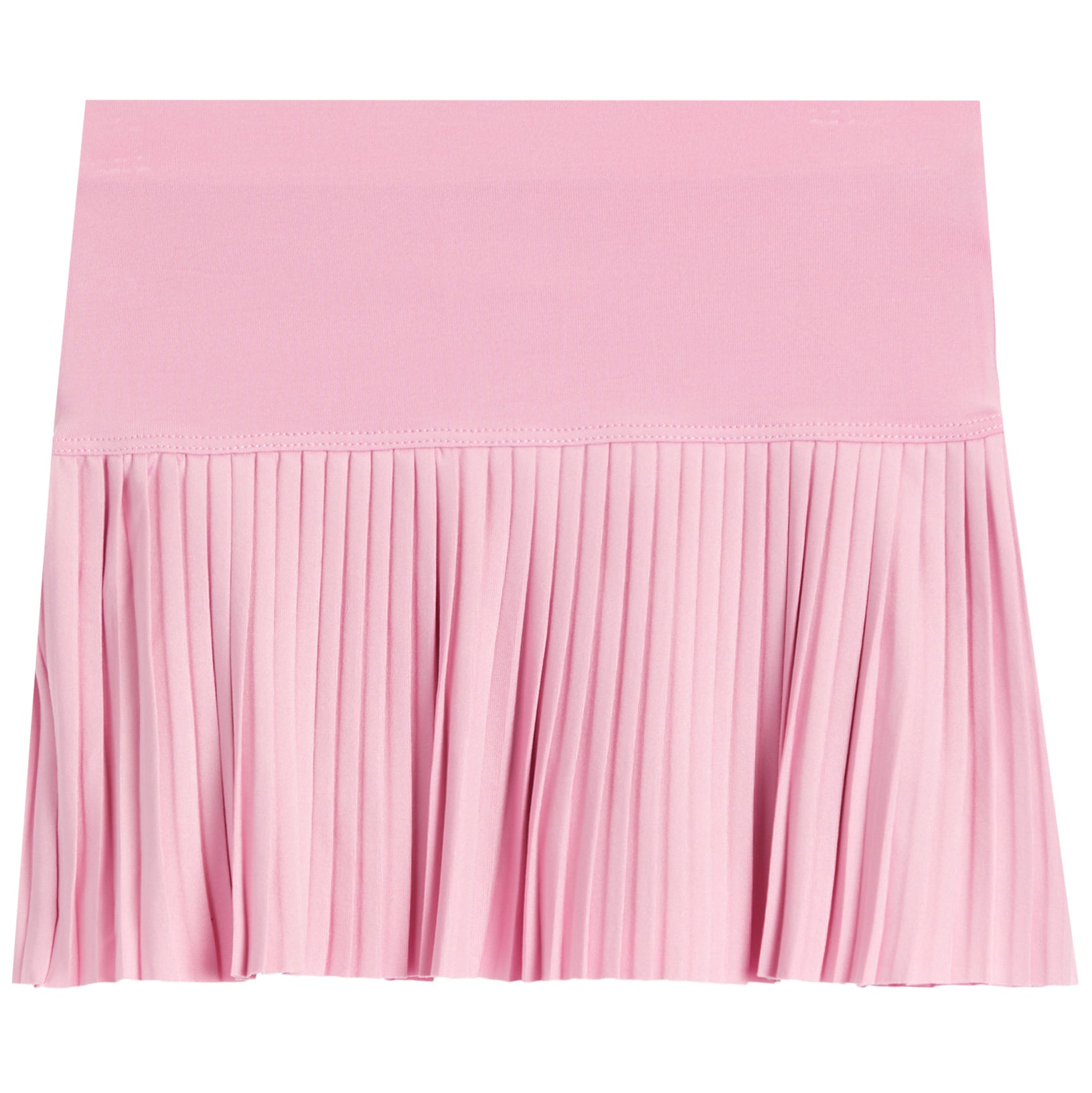 A light pink pleated skirt with a wide, solid waistband, shown flat against a white background.