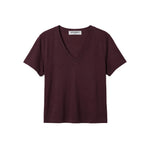 A short-sleeve V-neck t-shirt in a deep burgundy color, laid flat against a solid white background. 