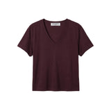 A short-sleeve V-neck t-shirt in a deep burgundy color, laid flat against a solid white background. 