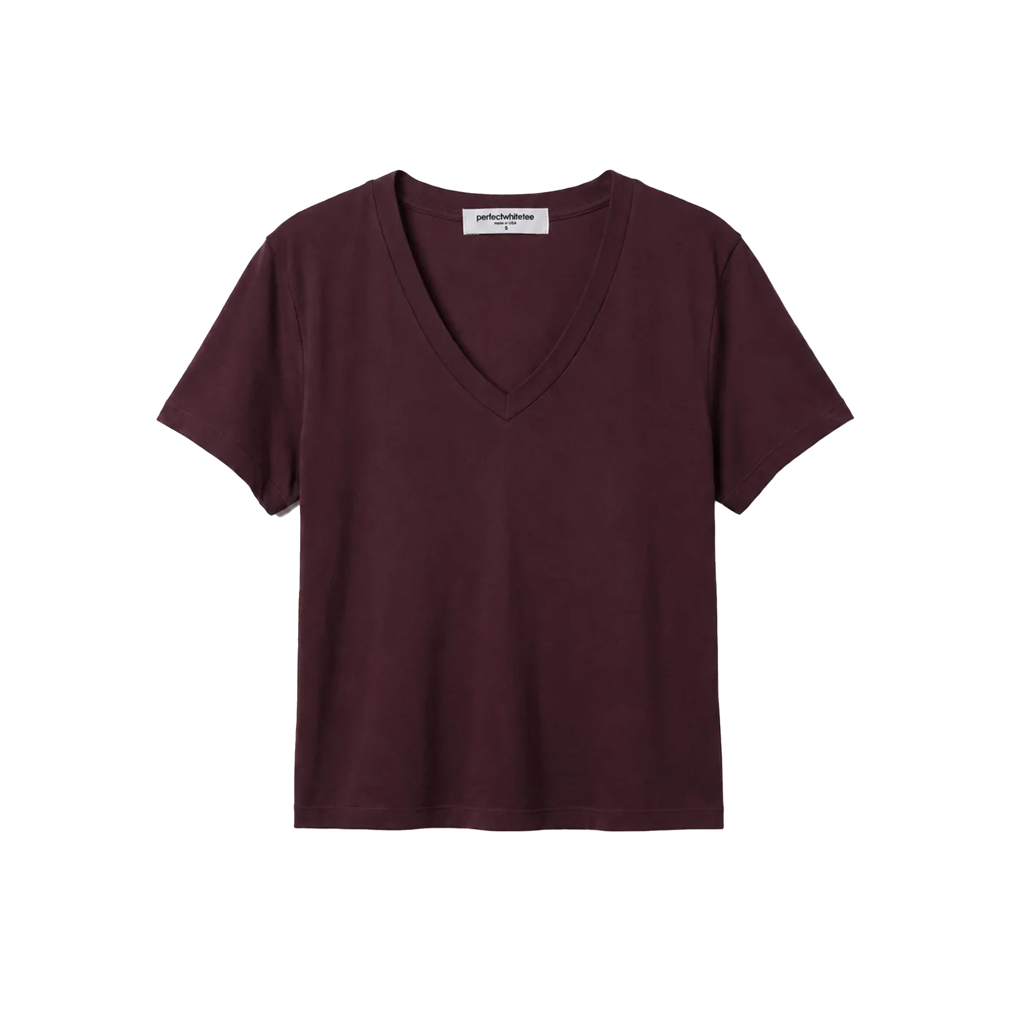A short-sleeve V-neck t-shirt in a deep burgundy color, laid flat against a solid white background. 