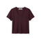 A short-sleeve V-neck t-shirt in a deep burgundy color, laid flat against a solid white background. 