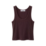 A sleeveless ribbed tank top in a deep plum-brown color, shown flat against a solid white background. 